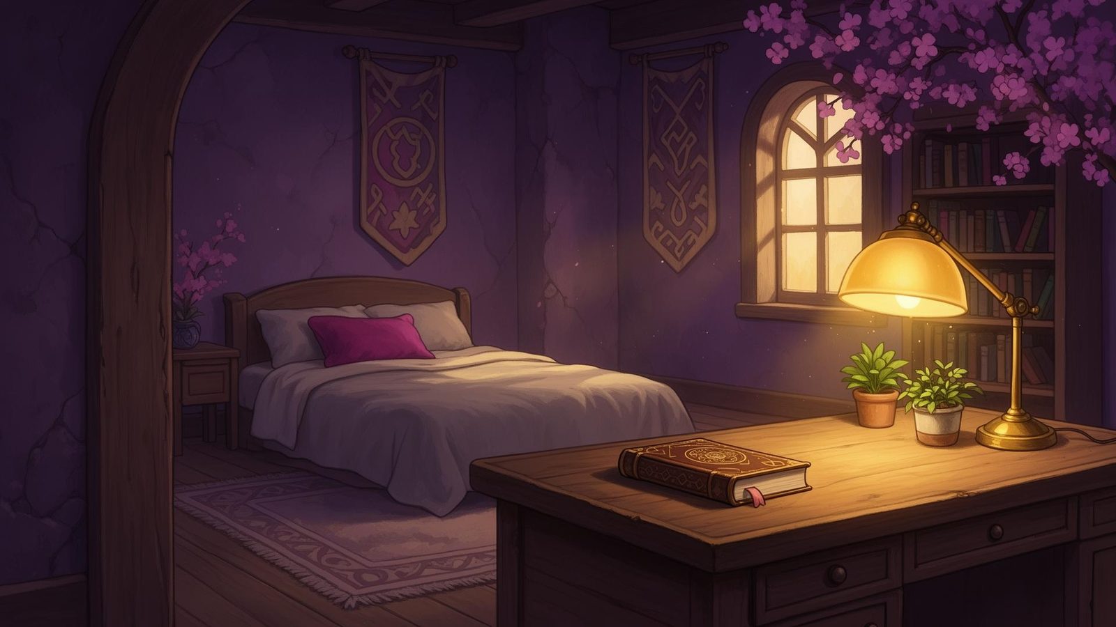 The same bedroom, tidied — clear floor, made bed, empty desk