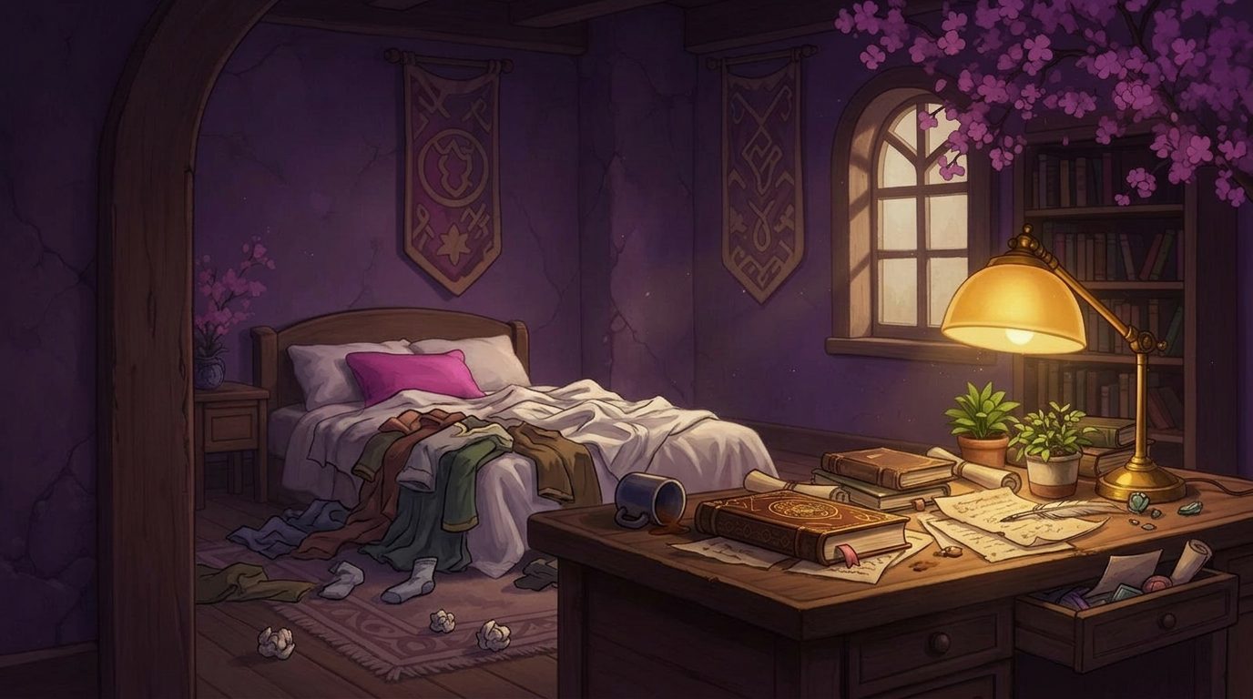 A cluttered bedroom with clothes on the floor and a messy desk